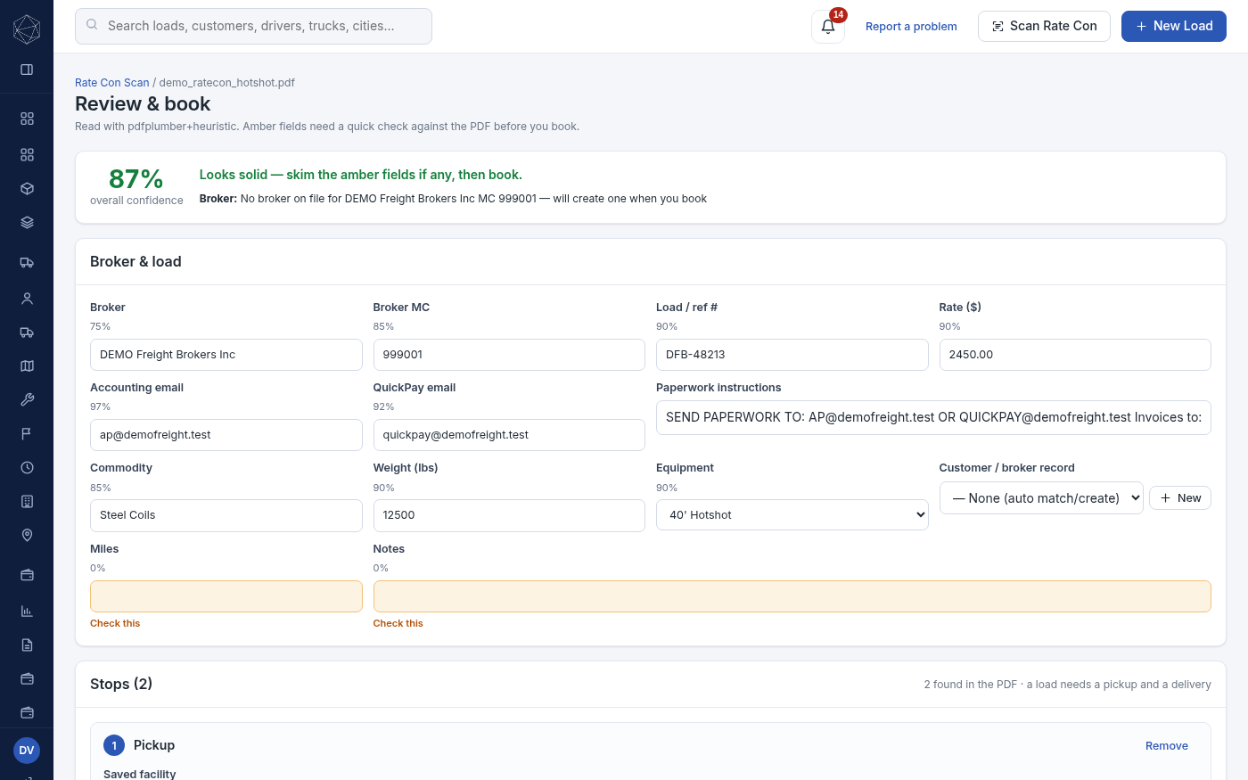 Rate confirmation review screen