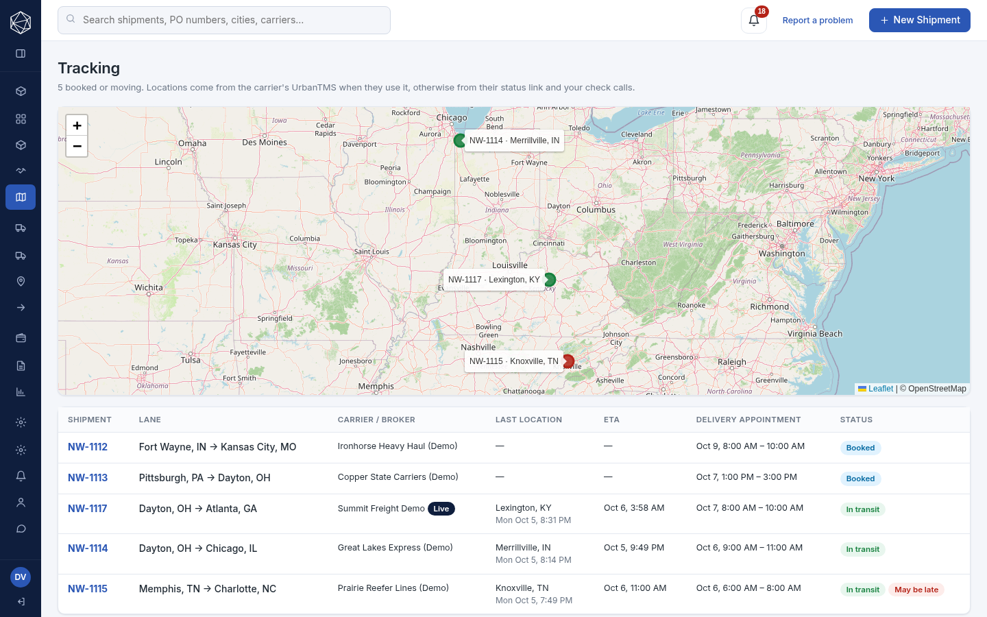 Shipment tracking screen (sample data)